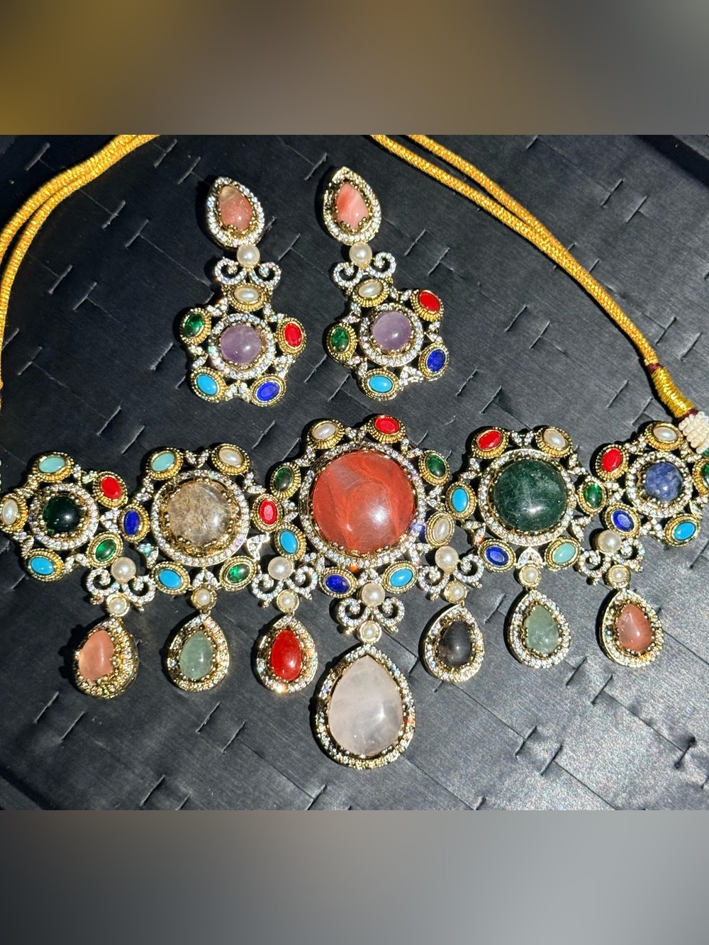 Multicolor Semi Precious Gemstone Statement Necklace and Earring Set - Gold Tone